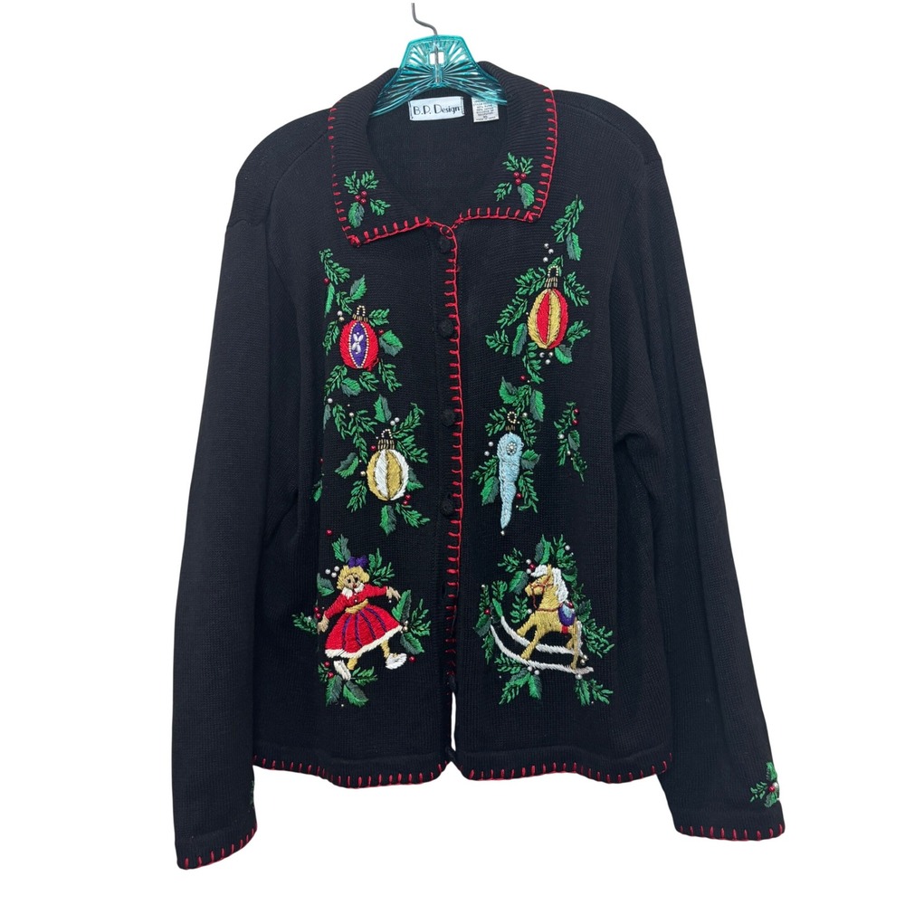 Vintage Christmas Cardigan Women XL Black Embroidered Holiday Ugly Sweater Xmas